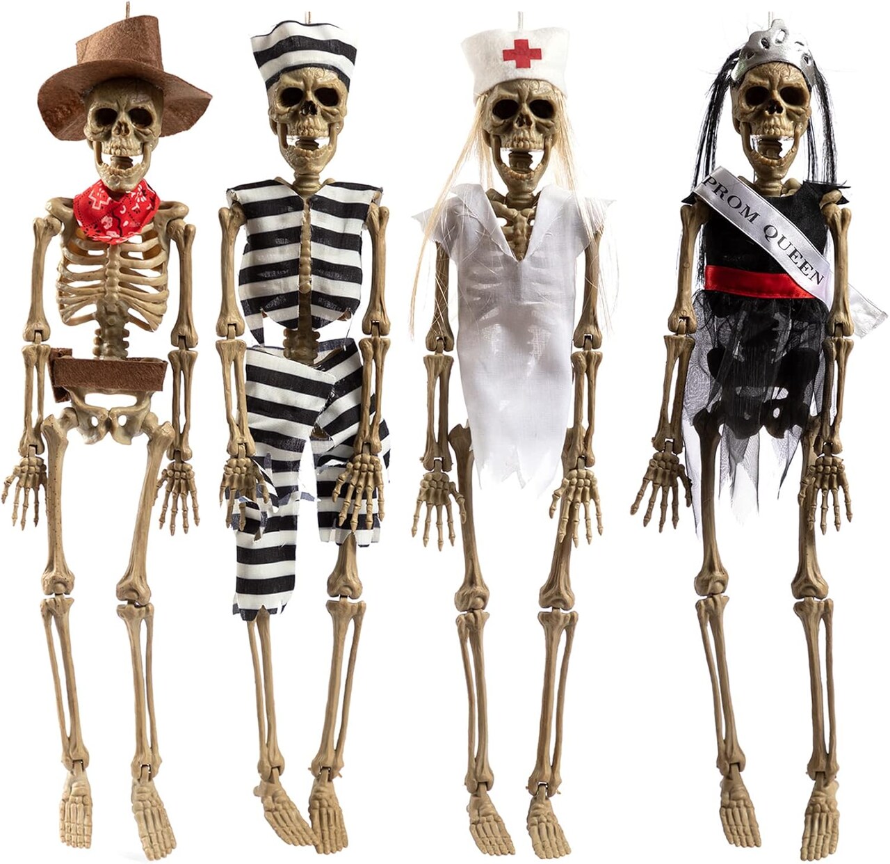 4 Pieces Hanging Skeleton Props With Dress - Halloween Party Supplies,7 Inch Skeleton Figures